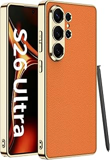 Funda Protectora de Lujo a Prueba de Golpes para Samsung Galaxy S26 Ultra con Marco metálico Dorado. Funda de Cuero Premium Ultrafina, contorneada y Resistente a los arañazos (Naranja)