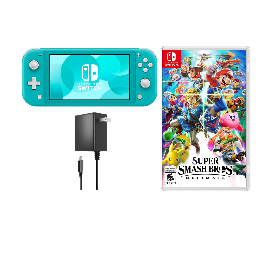 Nintendo Switch Lite Handheld Console Turquoise Refurbished Bundle with Super Smash Bros. Ultimate Game