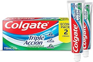 Colgate Pasta Dental Triple Acción Menta Original 2 x 115 ml. Protege tu Salud Bucal y la de tu Familia. Limpieza Profunda de los Dientes, Combate Gérmenes y Bacterias, Elimina la Suciedad