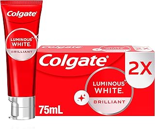 Colgate Pasta Dental Blanqueadora Luminous White Brilliant White 2x75 ml. Remueve Manchas Superficiales, Protege el Esmalte y Ofrece Dientes Más Blancos, Ideal para la Salud Bucal Diaria
