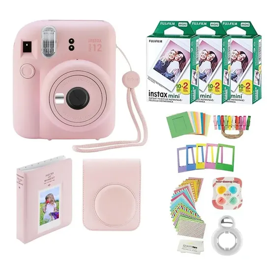 Fujifilm Instax Mini 12 - Cámara Instantánea Con Funda, 60 Impresiones De Fujifilm, Calcomanías Decorativas, Marcos, Álbum De Fotos Y Más Accesorios (rosa Flor)