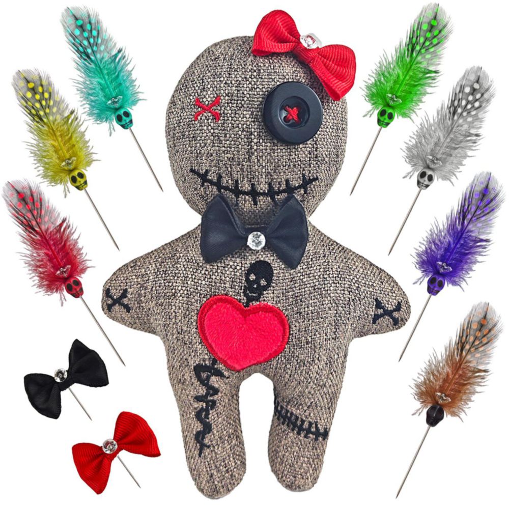 Muñeco vudú PapaLegba con 9 alfileres de calavera con plumas reales