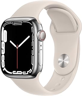 Apple Watch Series 7 (GPS + Cellular) smartwatch con Caja de Acero Inoxidable Color Plata de 45 mm y Correa Deportiva Blanco Estelar. Apps ECG y Oxígeno en Sangre, Resistente al Agua